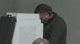 Man at voting booth in the background, with person in mask in the foreground