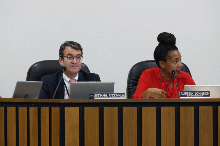 IPS Board President Michael O'Connor and Superintendent Aleesia Johnson during a meeting on Feb. 27, 20020.