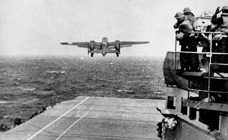 Take off from the deck of the USS HORNET of an Army B-25 on its way to take part in first U.S. air raid on Japan. Doolittle Raid, April 1942.