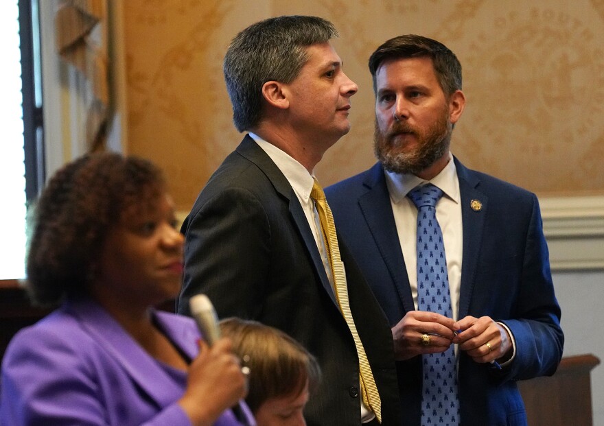 Sen. Ed Sutton, D-Charleston, speaks with Senate Majority Leader Shane Massey, R-Edgefield, in the Senate chamber at the Statehouse on April 14, 2026.
