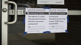 A sign at a polling location in Lyndhurst states how Ohio called off its primary election just hours before polls were set to open, an 11th-hour decision the governor said was necessary to prevent further fueling the coronavirus pandemic.