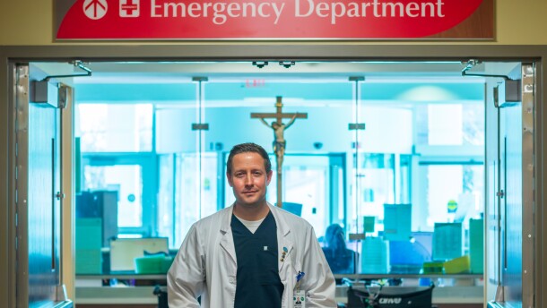 Dr. Michael Mangione, the medical director of the Emergency Department at Kenmore Mercy Hospital, stands outside the emergency room on January 8, 2026 in Kenmore, New York.