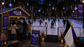 Rendering of people ice skating at an outside rink with lights all around 