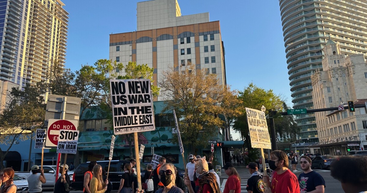 Protesters gather in downtown St. Petersburg after U.S.-Israeli attacks on Iran
