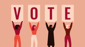 A graphic of women of different nationalities and cultures standing together and raising up posters with word VOTE.