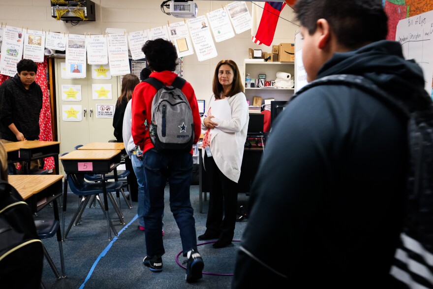 Students walk into class for a two-part abuse prevention training at Daggett Middle School Tuesday, Nov. 28, 2023, in Fort Worth. 