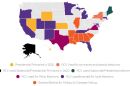 Color coded map of the U.S. showing a variety of levels of ranked choice voting options by state.