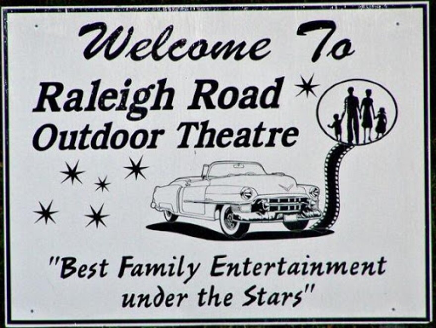 An old poster for the Raleigh Road Outdoor Theatre showing an old car and the slogan "Best Family Entertainment under the Stars"