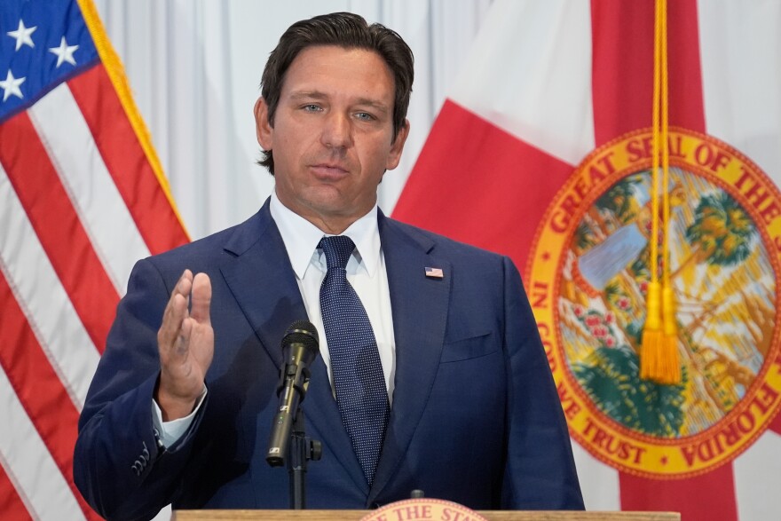 FILE - Florida Gov. Ron DeSantis speaks during a news conference, Aug. 12, 2025, in Tampa, Fla.
