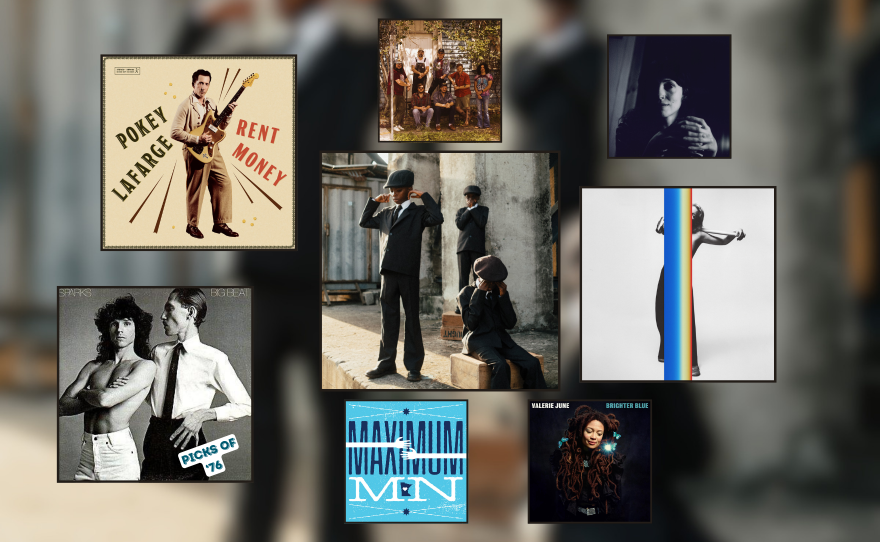 A collage of artwork for new albums and singles. They are displayed in square black frames.