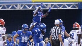 Kentucky running back Ray Davis (1) celebrates his touchdown in the endzone during the first half of an NCAA college football game against Florida in Lexington, Ky., Saturday, Sept. 30, 2023. (AP Photo/Michelle Haas Hutchins)