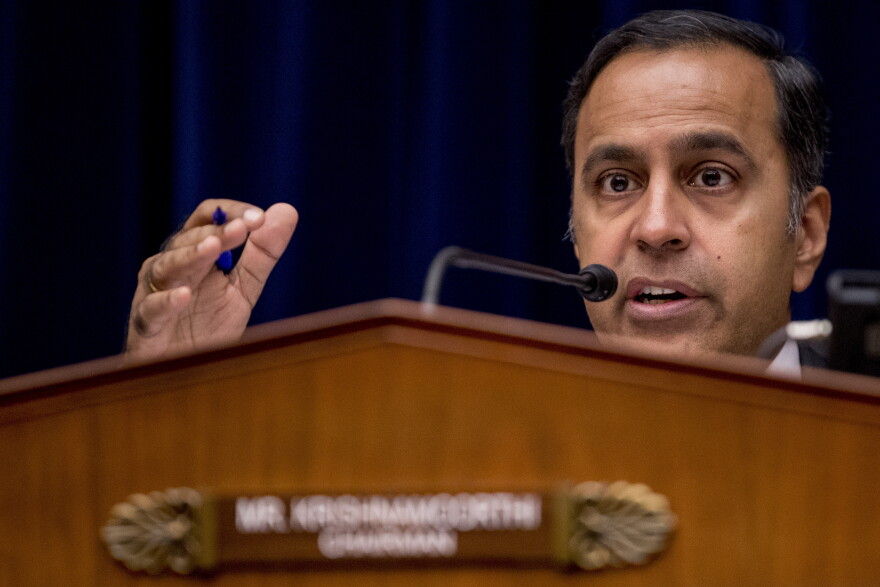 Chairman Rep. Raja Krishnamoorthi, D-Ill., questions CDC Principal Deputy Secretary Dr. Anne Schuchat as she appears before a House Oversight subcommittee hearing on lung disease and e-cigarettes on Capitol Hill in Washington, Tuesday, Sept. 24, 2019.