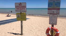 "No Lifeguard On Duty" sign on display at Milwaukee's Bradford Beach.