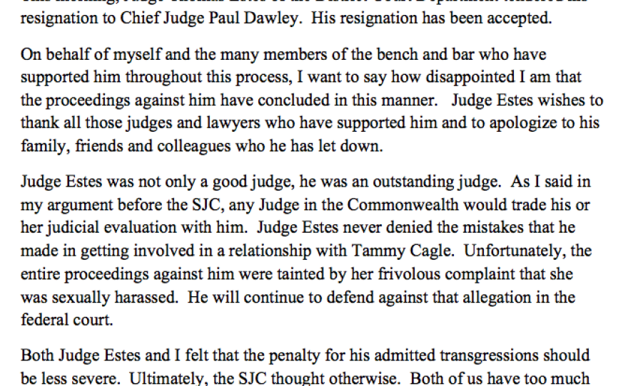 David Hoose, an attorney representing Judge Thomas Estes, issued a statement Friday, May 25, 2018.