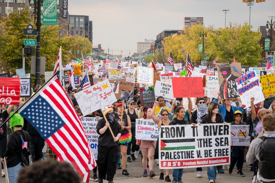 Thousands of No Kings protesters marched down Michigan Avenue in Detroit to a U.S. Customs and Border Protection Field Office in Downtown Detroit on Oct. 18, 2025