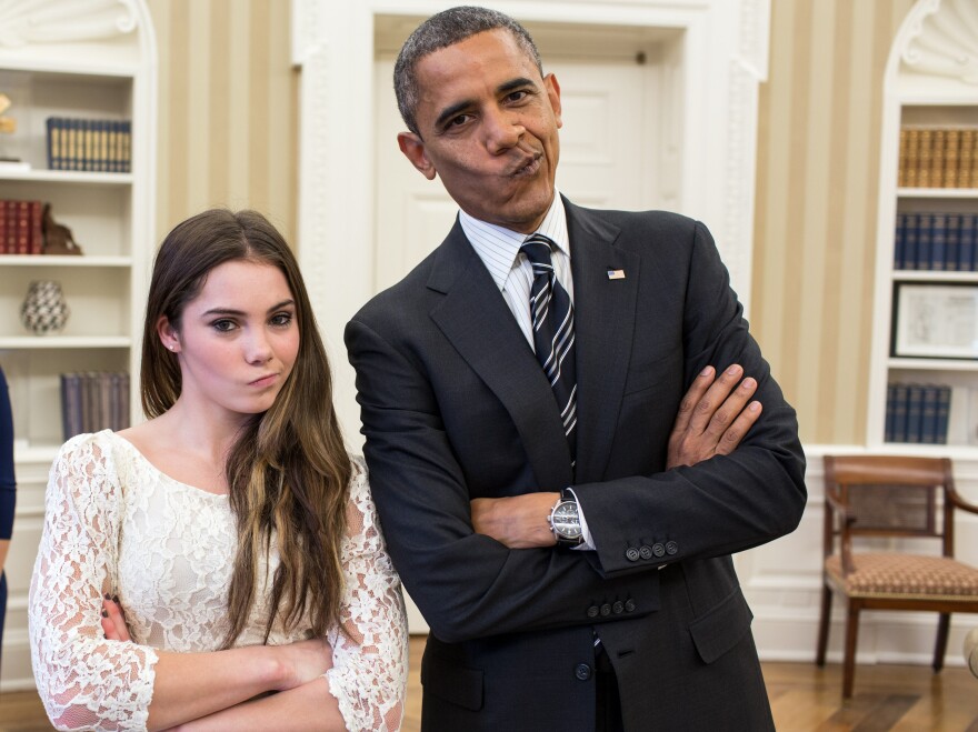 President Obama and Olympic gymnast McKayla Maroney strike her "McKayla is not impressed" pose at the White House in November.