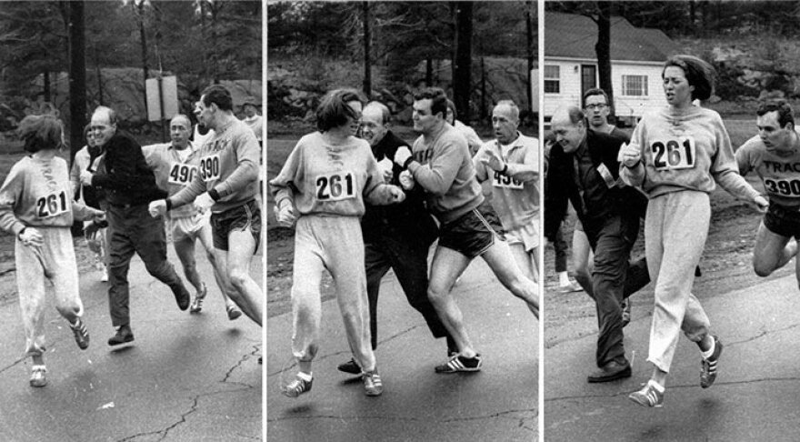 Kathrine Switzer, running the Boston Marathon in 1967, is attacked by the race director. 