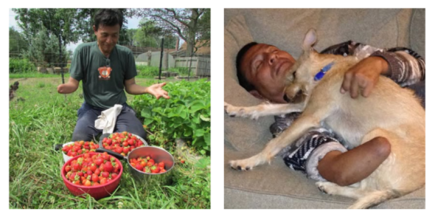 Left: Myo Myint in his garden with three buckets of strawberries in front of him. Right: Myo Myint cuddles his dog Izzy.