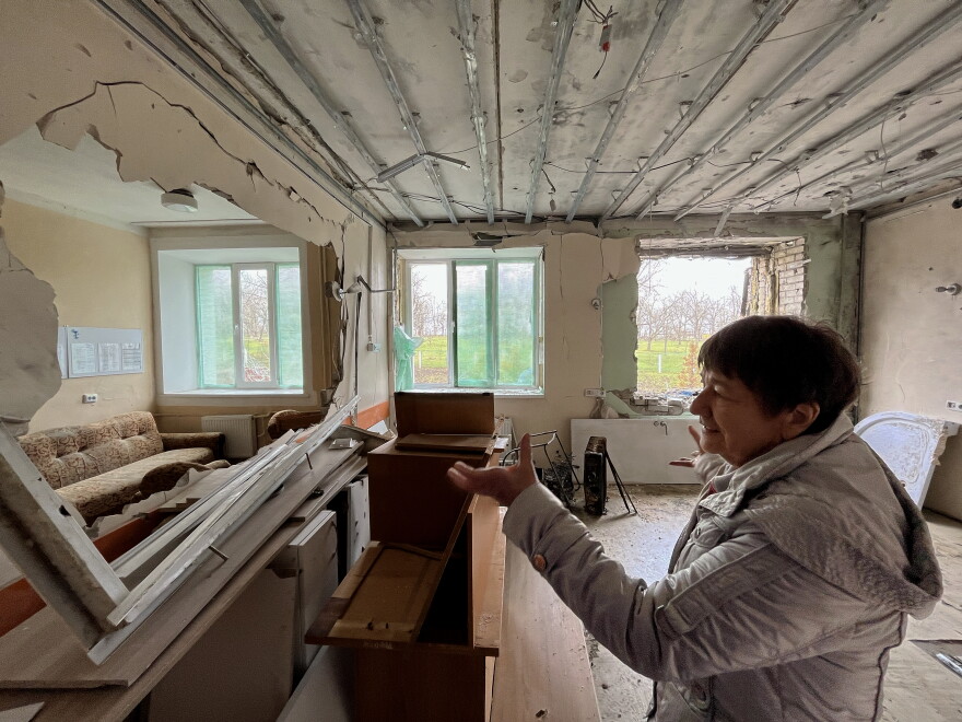 Dr. Tetiana Sydorenko shows what was left of the Trostyanets hospital's maternity ward after the Russian bombardment, on April 19. She says the shelling was everywhere, "it was hell."