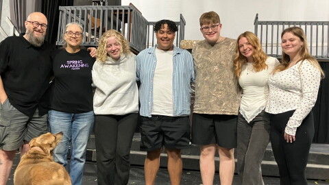At the Center for Living Arts in downtown Rock Island, Sept. 25, 2026, are (L-R) Dino Hayz, Tina Hayz, Tori Kaesbauer, Morris Nunn, Eli Hayz, Chloe Knobloch, and Natalie Anderson.