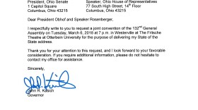 Gov. John Kasich's letter to the General Assembly, requesting their approval for him to deliver his State of the State speech at Otterbein University in Westerville on March 6.