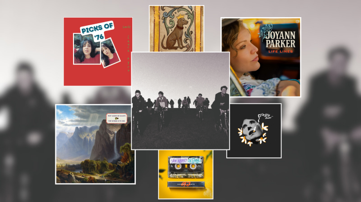 A collage of artwork for new music releases. In the middle is the largest piece, a black and white photo of a group biking towards the camera. This image blurred is the background for the entire piece. In two smaller pieces there is a picture of a waterfall over a cliff and blonde woman looking across the camera view. In one size smaller is a red background with two Polaroids of a dark haired woman. Then in the three smallest pieces is a cassette tape over a yellow background, a black and white photo of face with a cigarette, and a painting of a dog wearing a crown.