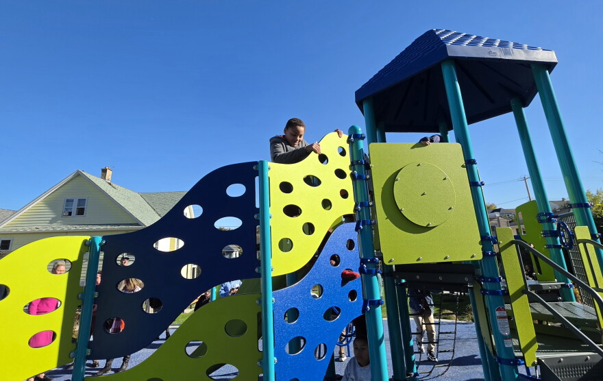 The new playground at Whittier includes multiple places to climb.