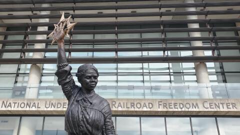Detail of the Harriet Tubman statute outside the National Underground Railroad Freedom Center.