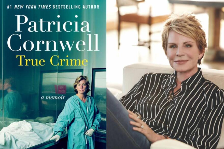 Author Patricia Cornwell beside the cover for "True Crime." (Courtesy of Patrick Ecclesine) 