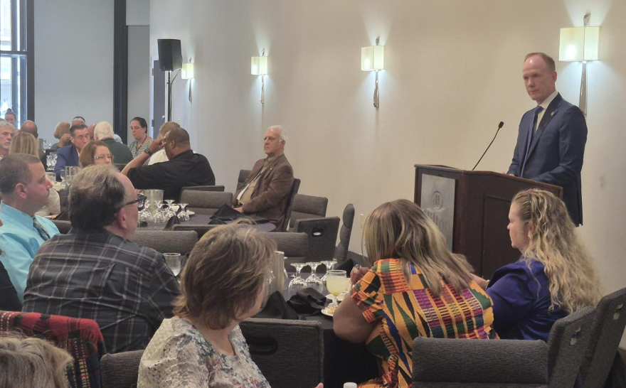 New York state Budget Director Blake Washington takes questions from New York Association of Towns members during a luncheon in Albany on Sept. 23, 2026.