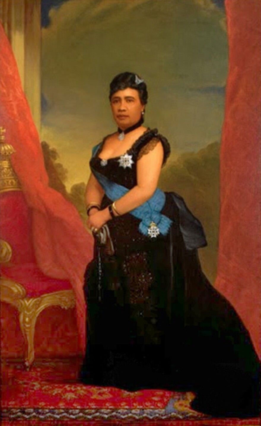 A portrait painting of Queen Liliʻuokalani at ʻIolani Palace in Honolulu by William F. Cogswell.