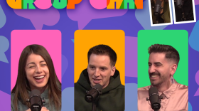 GROUP CHAT logo at the top with a photo of Nalia Ansari-Catilo and Bentley. Below that are pictures of this episode's guests (left to right: (Alexa Zappia, Camille La Caer, and Andy Krumm) and their names below in white text.