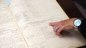 Librarian Kendra Onken looks through 19th century criminal records donated to the Fennville District Library by the city.