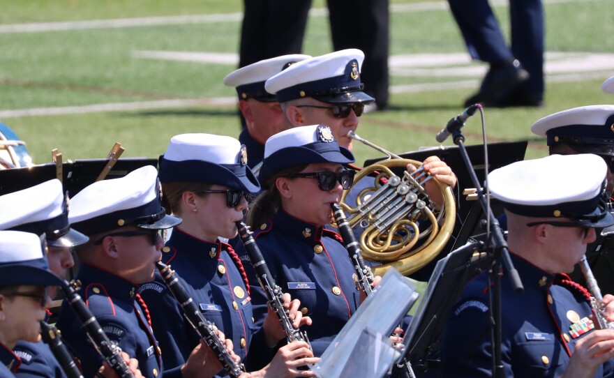 Members of the band perform during commencement ceremonies at the U.S. Coast Guard Academy in New London.