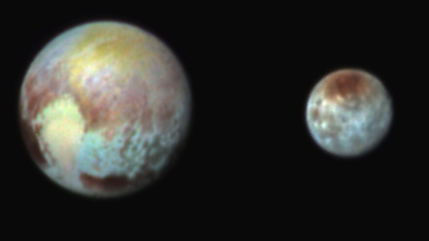 New false-color images of Pluto and the moon Charon exaggerate colors to highlight differences in their surface compositions, NASA says.