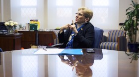 Gallaudet University President Roberta Cordano speaks using American Sign Language in her office in Washington, D.C. She is the first Deaf woman president at the university.