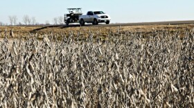 A truck drives on top of a levee.