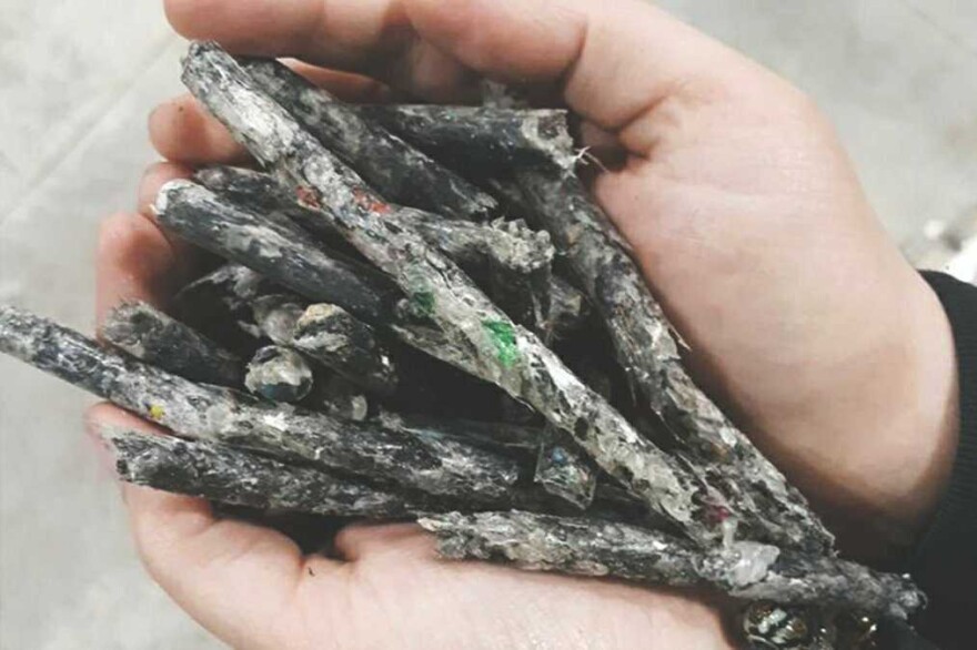 Plastic pellets produced from plastic.