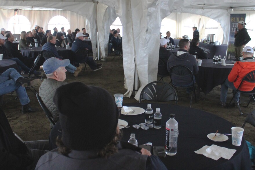 People gather for an Alaska LNG Project event on Monday, May 18, 2026 in Nikiski, Alaska.