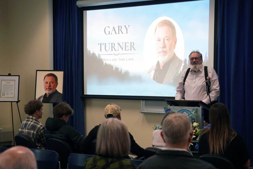 Thomas Dalrymple speaks at a memorial for Gary Turner at Kenai Peninsula College in Soldotna, Alaska, on May 31, 2026.
