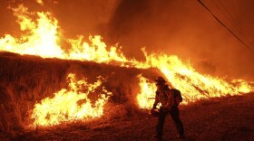 FILE - A firefighter carries a drip torch as he ignites a backfire against the Hughes Fire burning along a hillside in Castaic, Calif., Jan. 22, 2025. (AP Photo/Jae C. Hong, File)