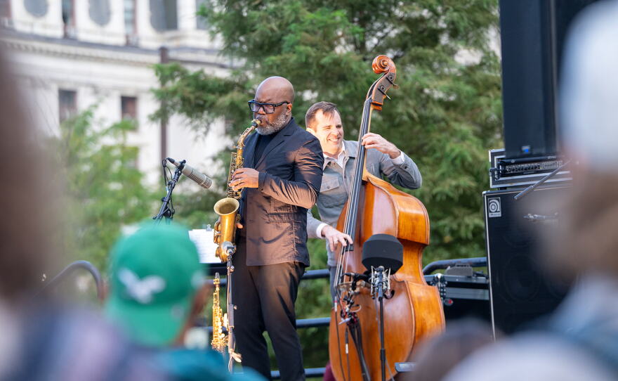 Jaleel Shaw on alto saxophone and Alex Claffy on bass at A Love Park Supreme.