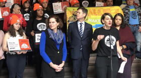 Emma Kreyche with Worker Justice Center of New York speaks at the rally in Albany on Tuesday. CREDIT JOSEPH CELESTIN, IMMIGRANT DEFENSE PROJECT