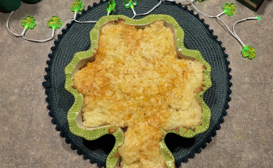 Shepherd's pie is baked in the oven at 350 degrees for about 20 minutes.