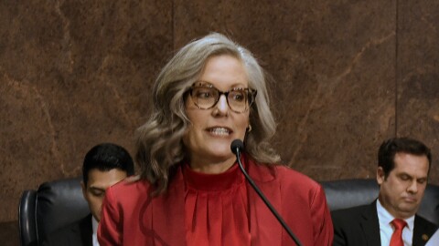 Arizona Gov. Katie Hobbs addresses lawmakers in her fourth State of the State speech at the State Capitol in Phoenix on Monday, Jan. 12, 2026.