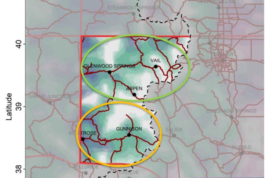 A green and white map shows the location of where Colorado is planning to release wolves. The primary area of wilderness surrounding Vail, Aspen and Glenwood Springs is circled in green. A secondary release area around Gunnison and Montrose is circled in yellow. 