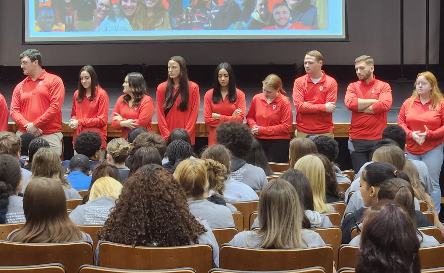 East Stroudsburg University education majors, in red, led sessions for high school students during an aspiring educators conference.