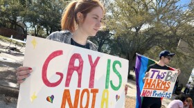 A few dozen people on Wednesday stood outside the Escambia County Courthouse to protest the 'Don't Say Gay' bill.