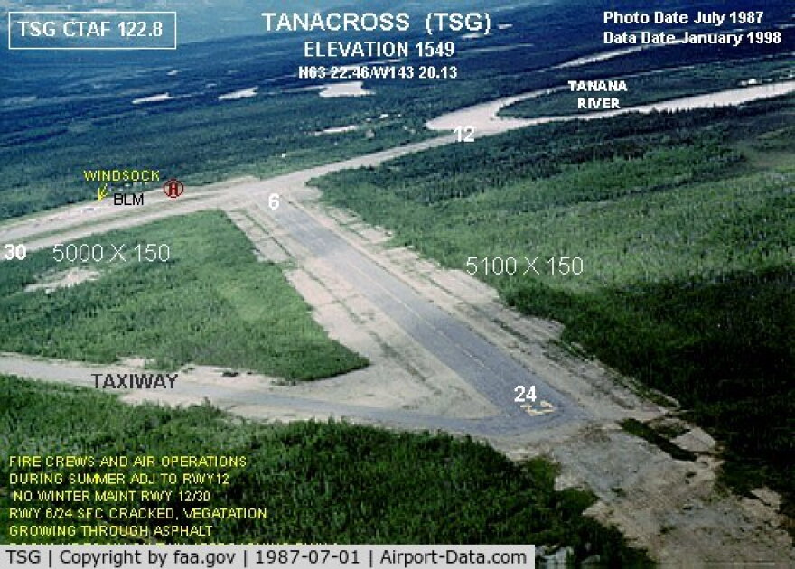 An 1980s image of the Tanacross airport alerts pilots to cracks in the asphalt of one of the runways and vegetation growing up through the tarmac.