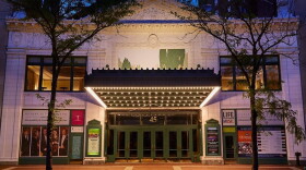 An image of the outside of Hilbert Circle Theater, where the Indianapolis Symphony Orchestra plays, in Indianapolis.